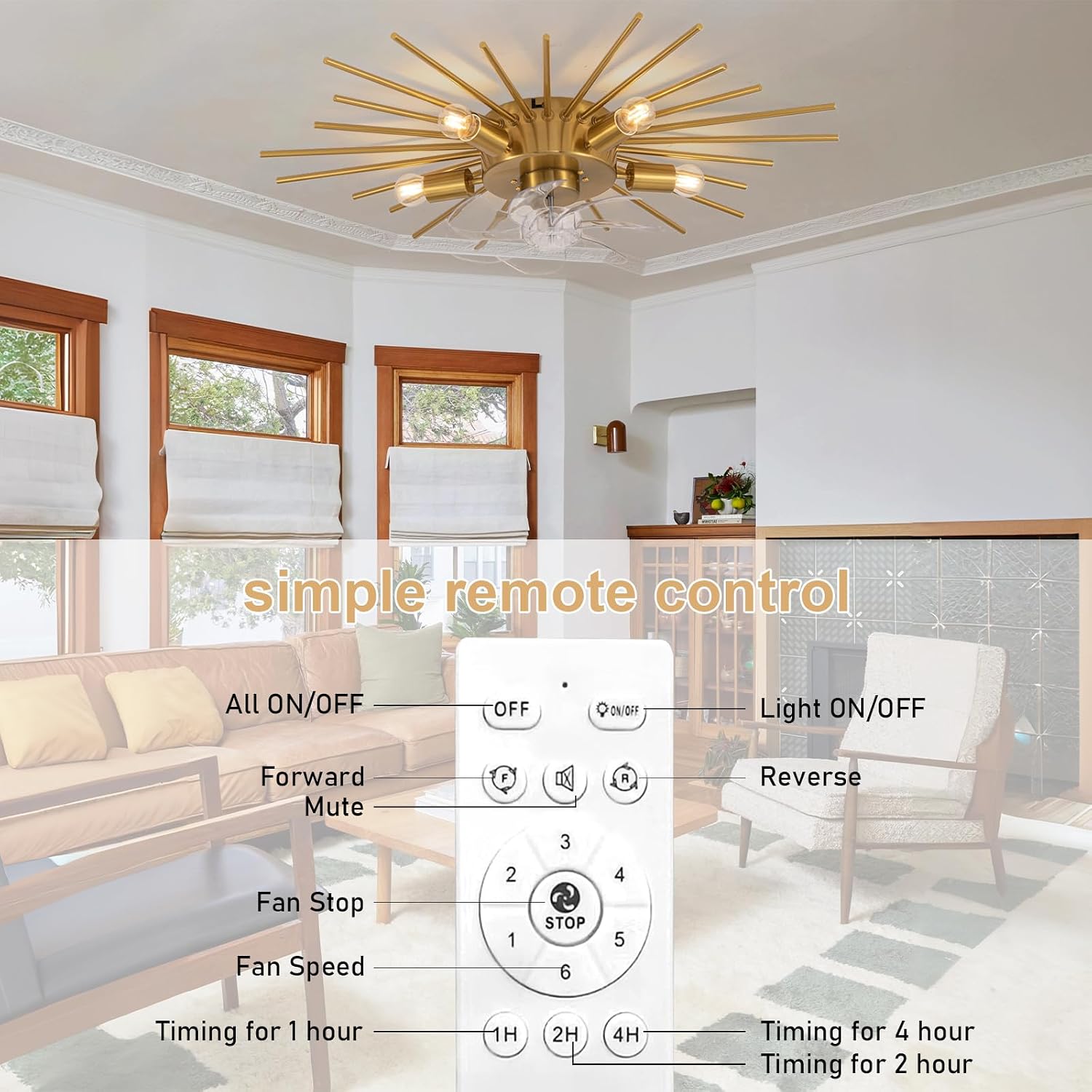 30' Low Profile Flush Mount 5 Light Ceiling Fans with Lights and Remote, Modern Metal Fandelier Ceiling Fan with Light, Farmhouse Gold Ceiling Fan for Bedroom,Living Room,Foyer (6 Speeds,Timing)