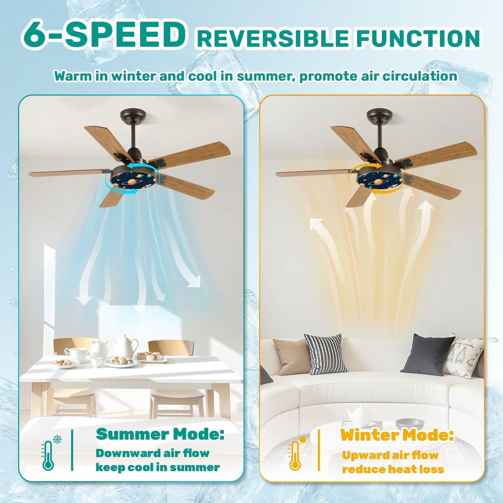Modern Ceiling Fans with Lights Remote, Space theme Solar system kids cartoon planet seamless Rocket planets 42 Inch Ceiling Fan for Bedroom Living Room Farmhouse, 6 Speed Reversible Quiet Motor