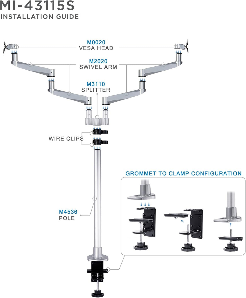 Mount-It! Premium Modular Dual Monitor Desk Mount Arms | Tilt Swivel VESA Wall Mount | Fits 13 15 17 19 21.5 24 27 Inch Computer Screens with 75 100 VESA Patterns | C-Clamp and Grommet Bases | Silver