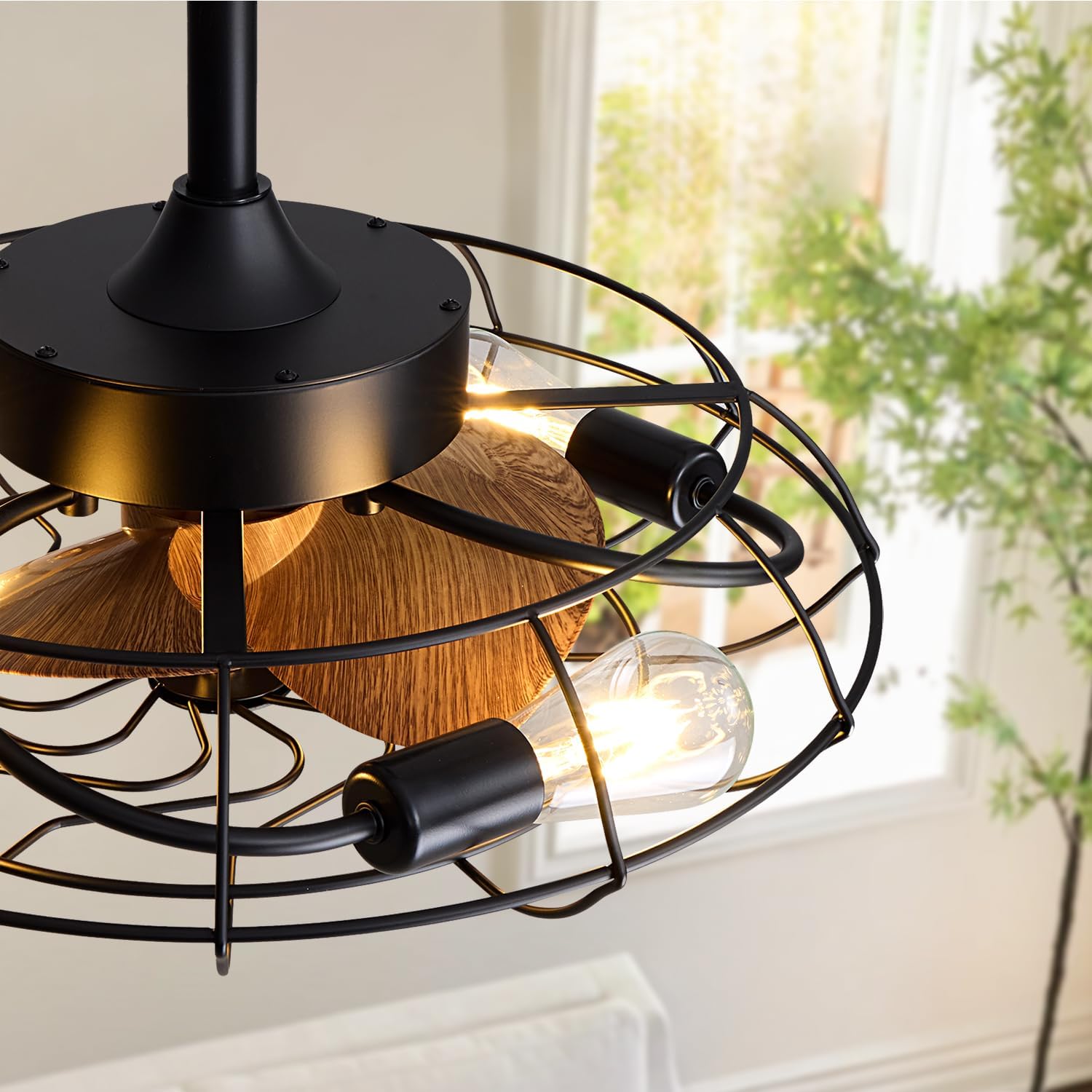 Caged Ceiling Fans with Lights, 20'' Black Farmhouse Ceiling Fan with Remote, 6-Speed Quiet Reversible Motor, Rustic Vintage Fandelier for Kitchen, Bedroom, Living Room, E26 Base