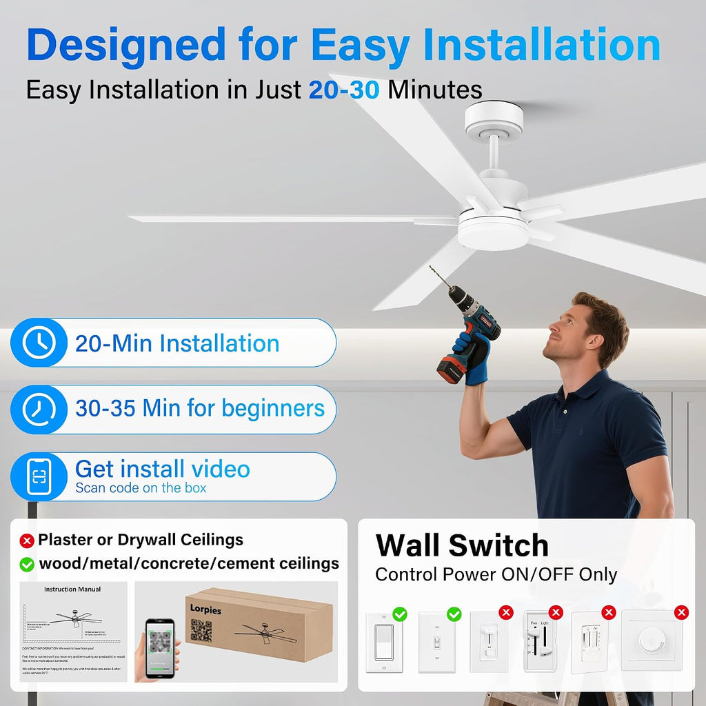 72' Large Smart Ceiling Fan with Lights Remote,Silent DC Motor,Control via Voice Alexa Google App,Outdoor Indoor Modern Ceiling Fans for Large Living Room Patios Decks,5 Blades in White & Light Wood