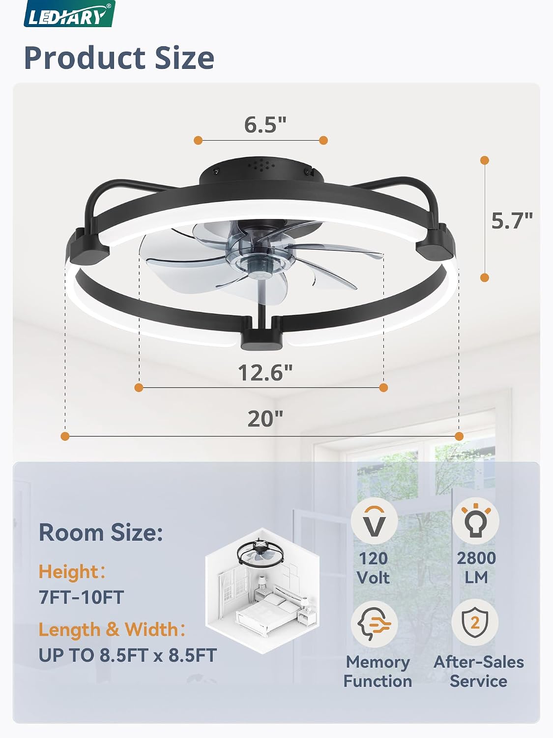 2 Pack 20'' Low Profile Ceiling Fan with Light, 3000-6000K Dimmable Fandelier LED Fan Light, 6 Wind Speeds, Modern Flush Mount Ceiling Fan for Bedroom