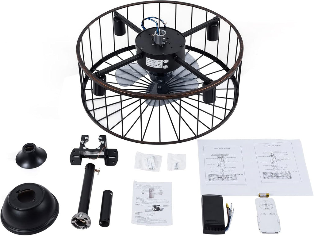 LOYALHEARTDY Black Caged Ceiling Fan with Lights Remote Control, 18' Rustic Bladeless Ceiling Fan Kids Fan, Modern Down rod Mount Industrial Bedroom Ceiling Fan