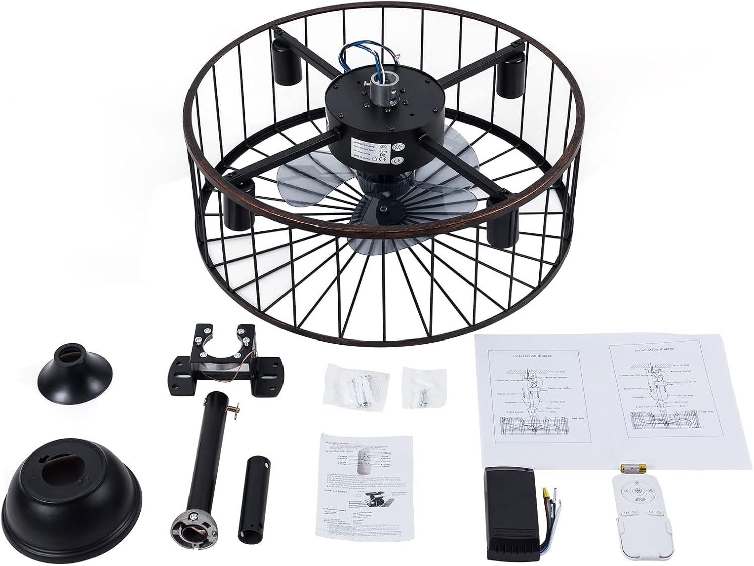 LOYALHEARTDY Black Caged Ceiling Fan with Lights Remote Control, 18' Rustic Bladeless Ceiling Fan Kids Fan, Modern Down rod Mount Industrial Bedroom Ceiling Fan