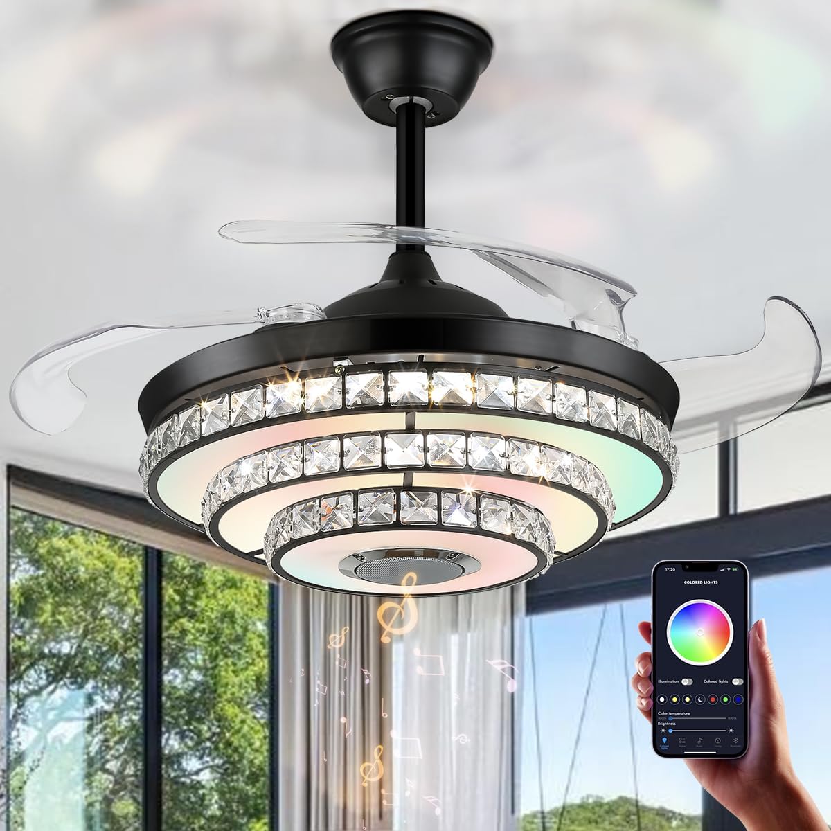 A Million Bluetooth Ceiling Fan with Light and Speaker, Retractable Ceiling Fan Chandelier with Remote Control, 6 Speeds Reversible Blade Smart Ceiling Fan