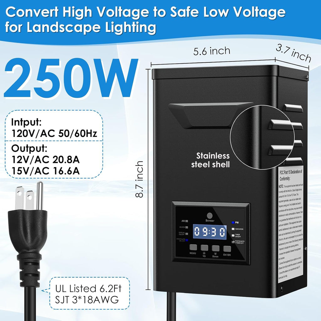 250W Low Voltage Landscape Transformer with Timer & Photocell for Landscape Lighting, 120V to 12V/15VAC, Stainless Steel, Weatherproof for Outdoor Landscape Lights,Yard Lights,Garden Lights