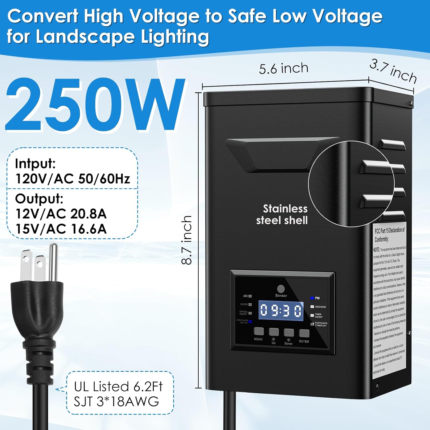 250W Low Voltage Landscape Transformer with Timer & Photocell for Landscape Lighting, 120V to 12V/15VAC, Stainless Steel, Weatherproof for Outdoor Landscape Lights,Yard Lights,Garden Lights