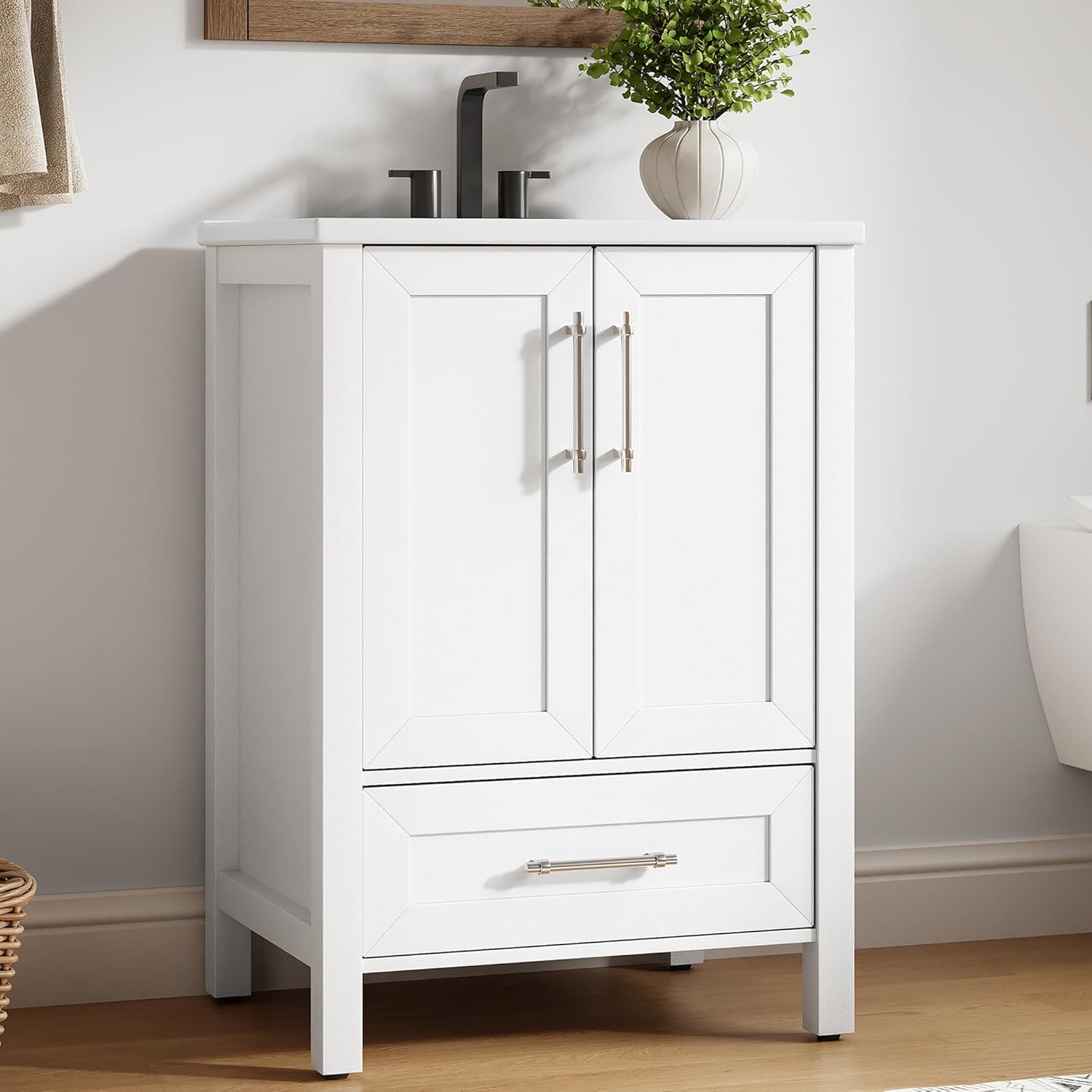Garvee 24' Bathroom Vanity with Sink, Freestanding Bathroom Sink Cabinet with 2 Soft-Closing Doors & Large Storage Drawer, Wood Vanity Cabinet, Easy Assembly & Cleaning, White