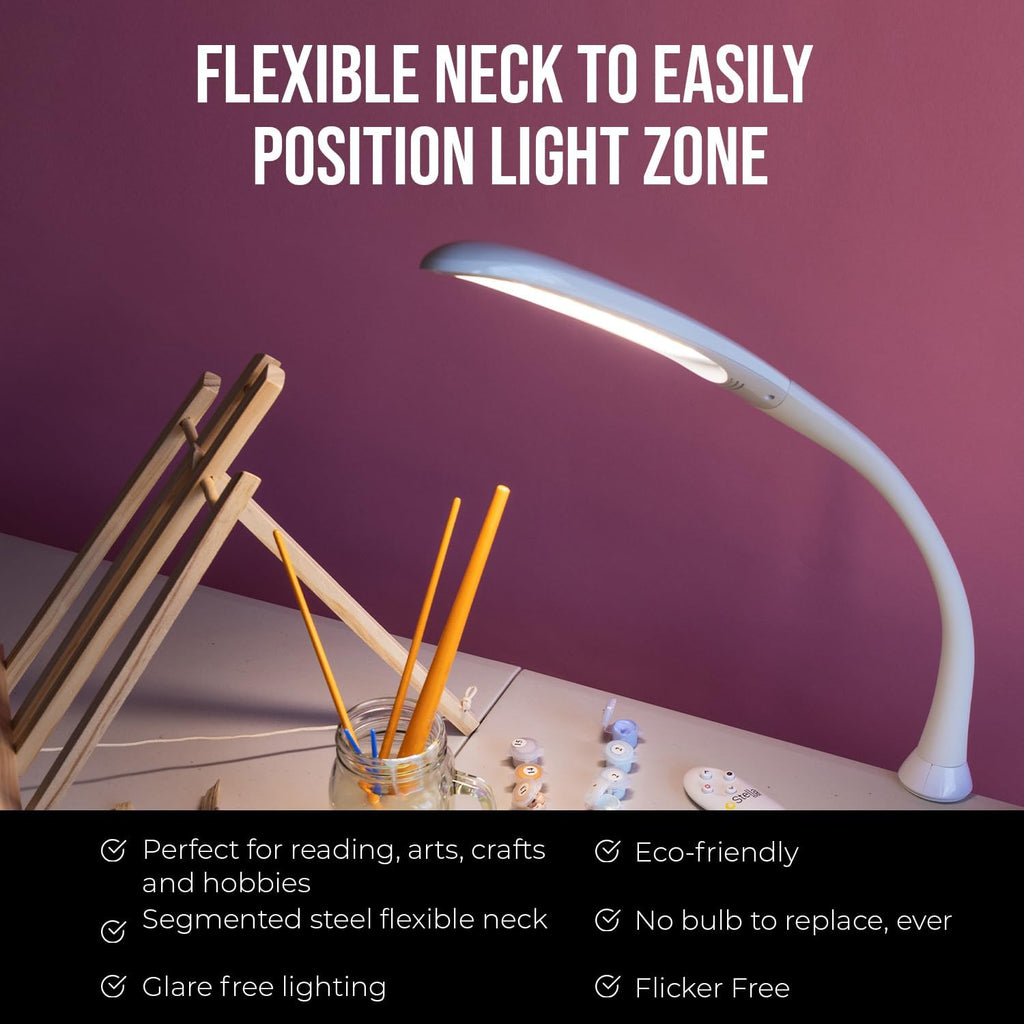 Stella Edge Premium 10W LED Desk Clamp Task Lamp - White - Adjustable Dimmable Low Vision Light - Macular Degeneration Lighting - Hobby Crafting Sewing