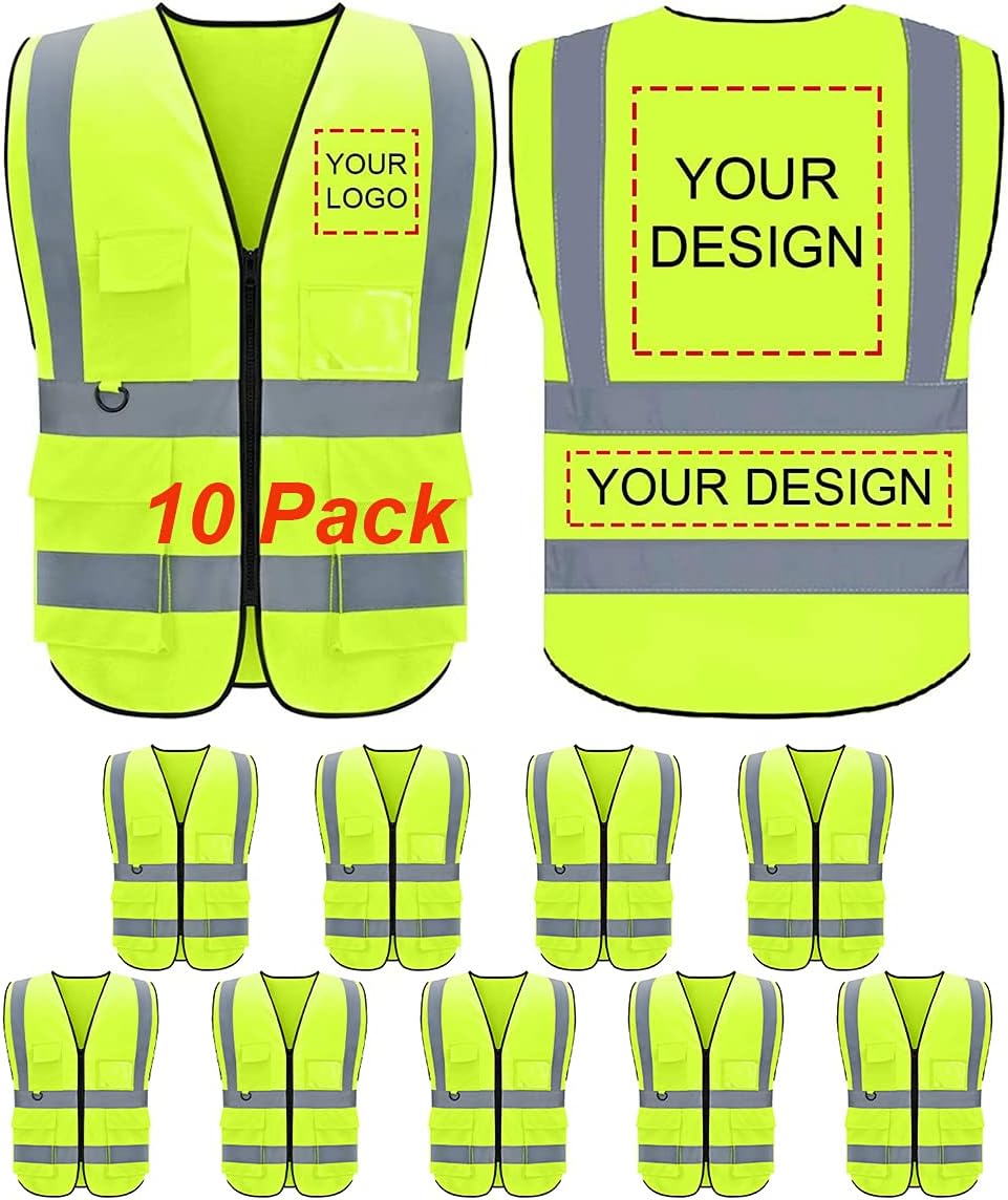 Custom Logo Safety Vest High Visibility Reflective Vest Class 2 Standard with Pockets and Zipper