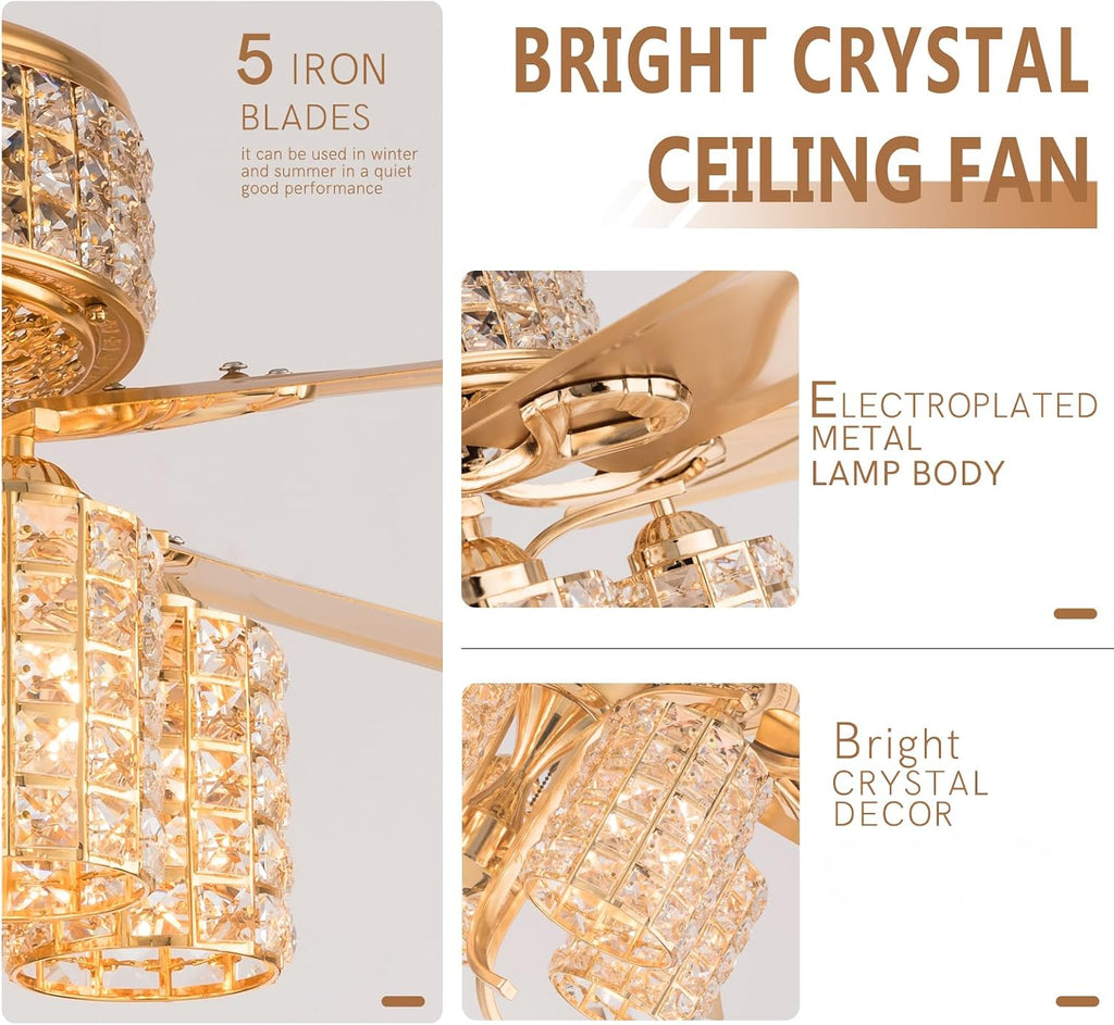 Fandelier Ceiling Fan with Light,52 inch Crystal Chandelier Fan,Remote Control,6-Speeds, Quiet Reversible DC Motor,Luxury Rose Gold Ceiling Fan for Indoor Living Room Dining Room E26