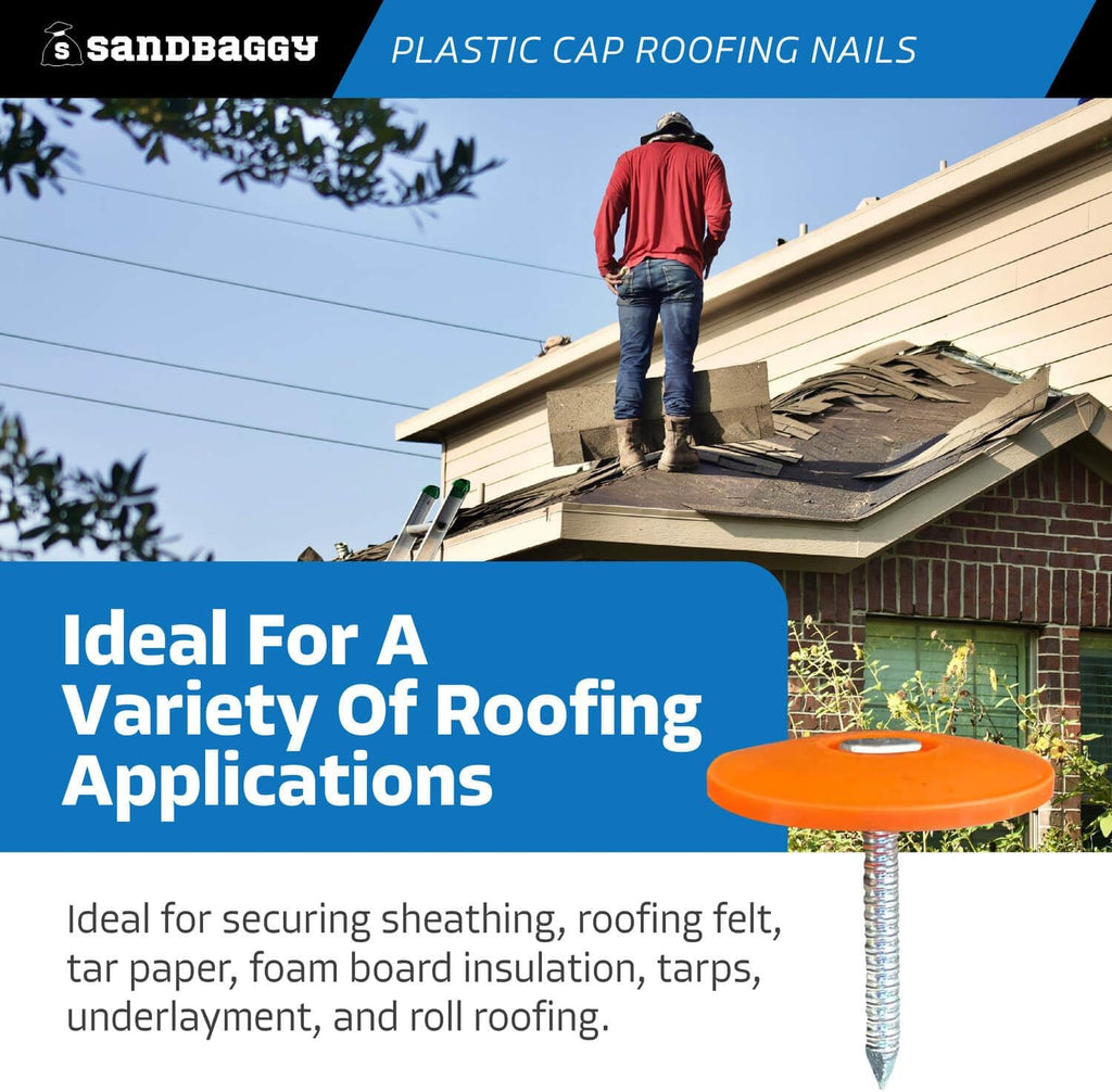 Sandbaggy 1' Plastic Cap Roofing Nails - Ring Shank, Electro Galvanized - Roof Underlayment, Felt Paper, House Wrap, Tar Paper (10000)