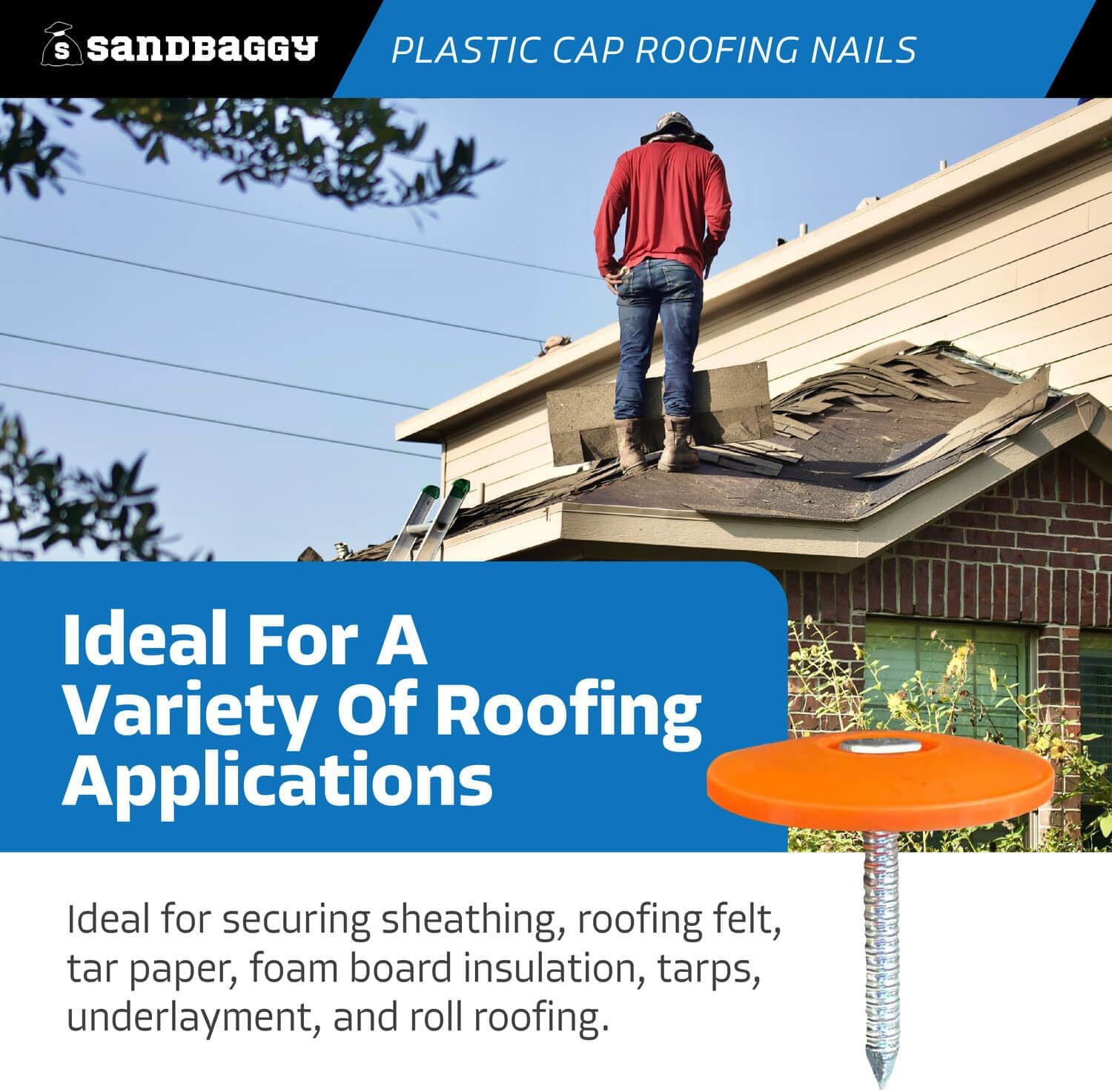 Sandbaggy 1' Plastic Cap Roofing Nails - Ring Shank, Electro Galvanized - Roof Underlayment, Felt Paper, House Wrap, Tar Paper (10000)
