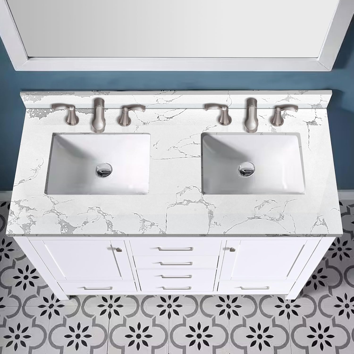 48'x22' Vanity Top with Sink, Engineered Stone Vanity Top with Rectangular Undermount Ceramic Double Sink, 8 Inch Faucet Hole Spacing with Backsplash Countertops for Bathroom