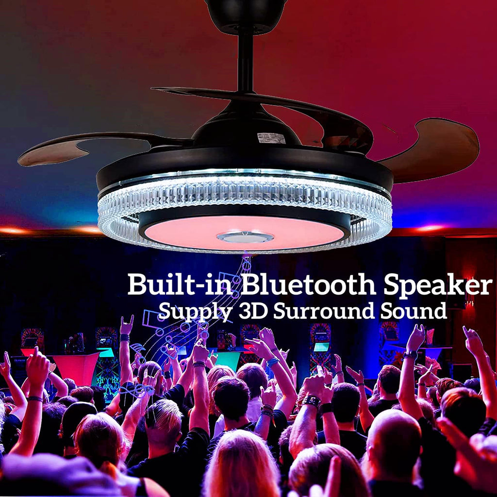 42in Fandelier Ceiling Fan with Lights and Bluetooth Speaker,Modern Crystal Chandelier LED Fan 6 Speeds Fans Music with Remote Control Modern Crystal Invisible Blades with Silent Motor