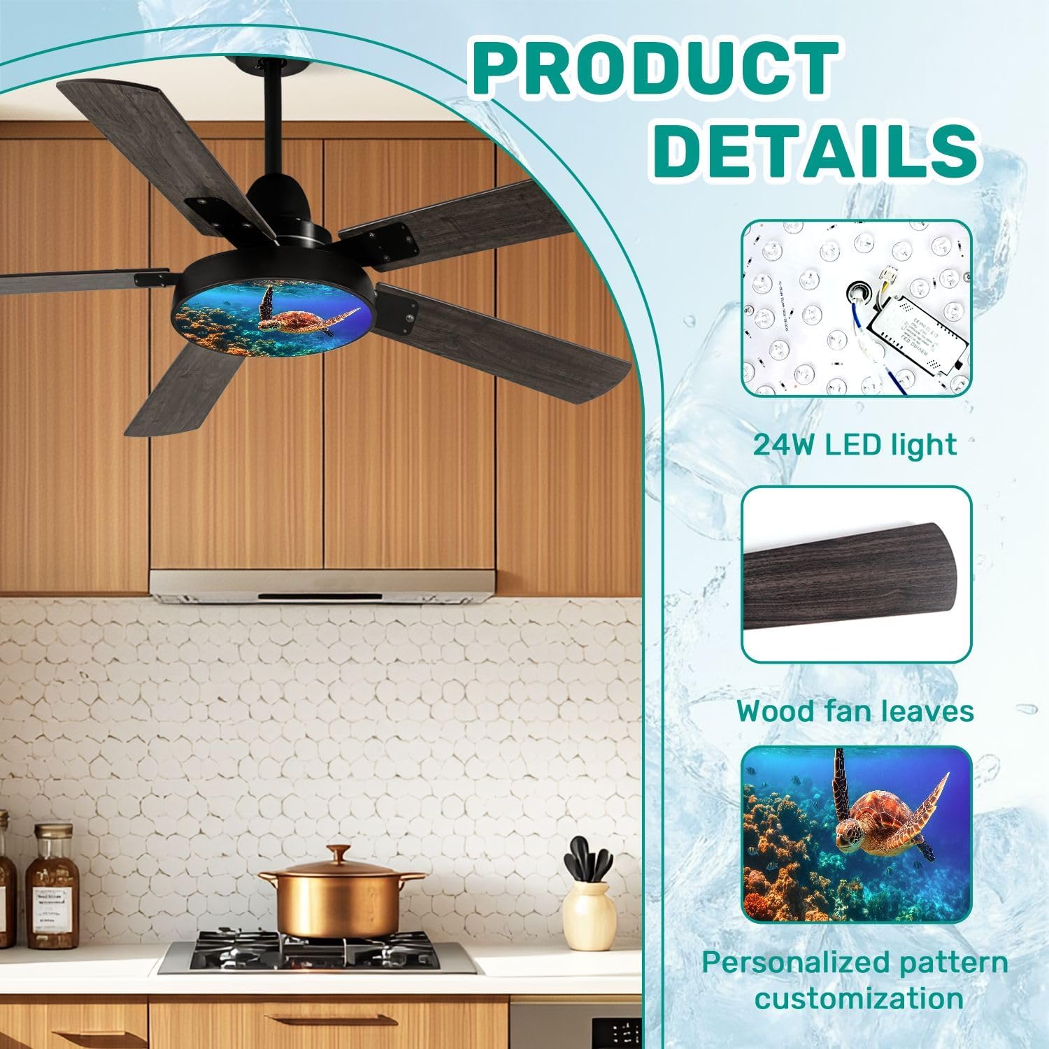 Modern Ceiling Fans with Lights Remote, Sea turtle swims under water coral reefs 42 Inch Ceiling Fan for Bedroom Living Room Farmhouse, 6 Speed Reversible Quiet Motor