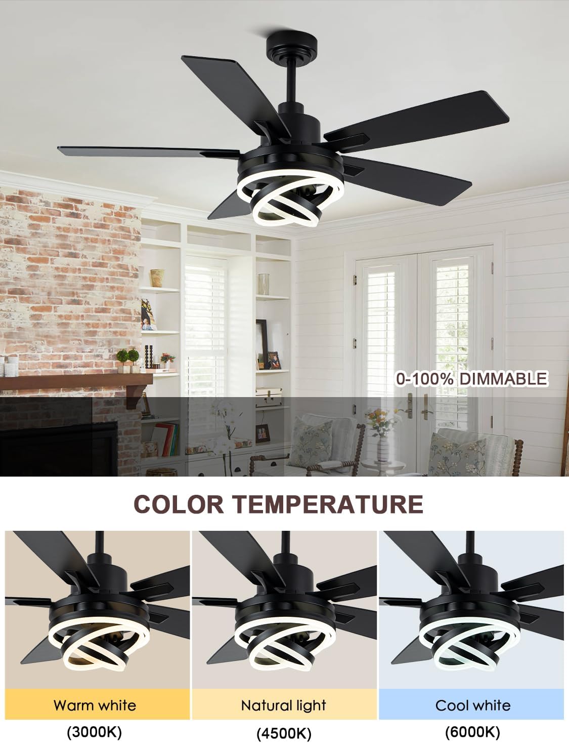 52' Ceiling Fan with Lights and Remote Contro Modern Chandelier Ceiling Fan with Lights for Bedroom Living Room (Black)