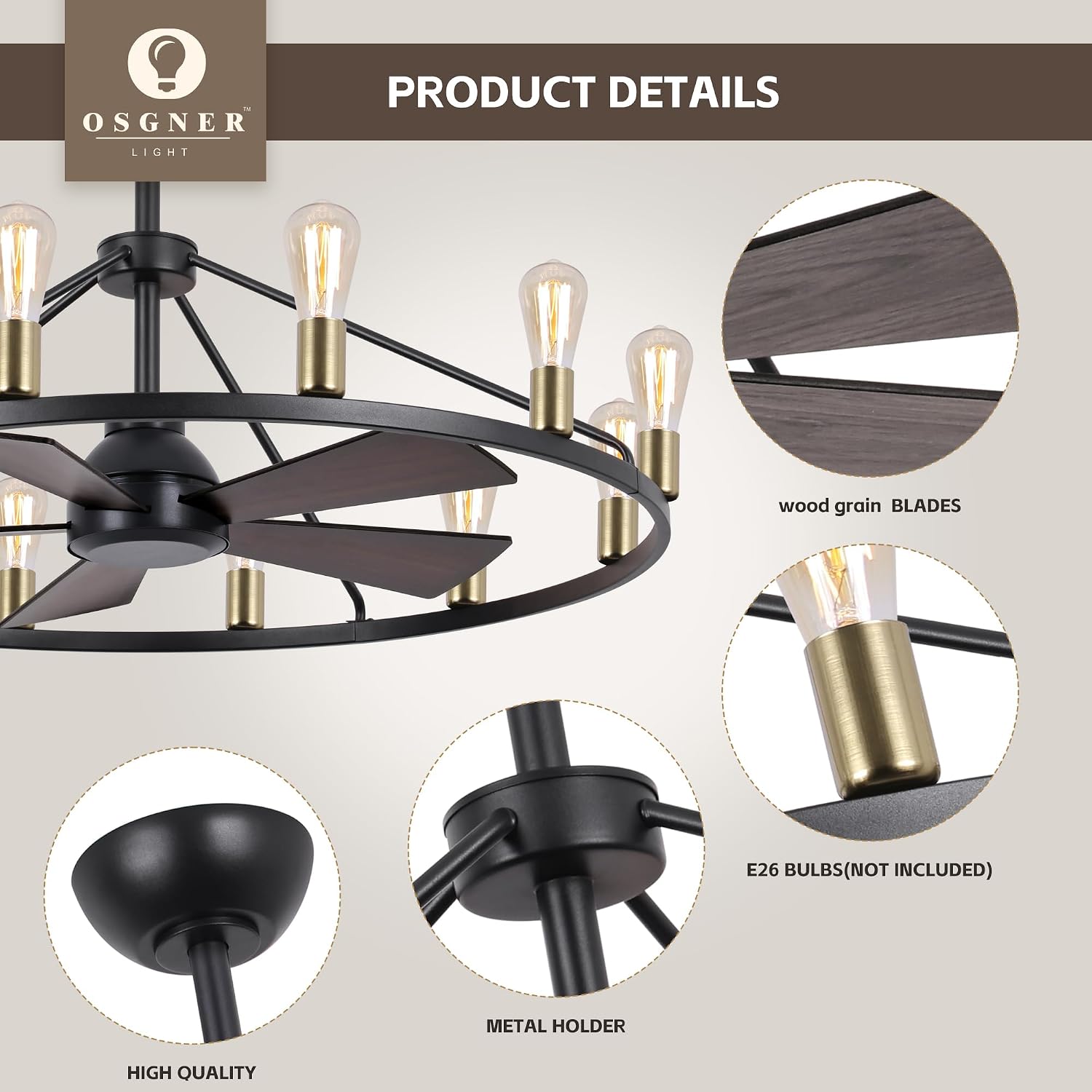 44'' Ceiling Fan with Light, Black Gold Wagon Wheel Chandelier, Large Farmhouse Fandelier Light Fixture, Chandelier for Living Room, Dining Room, Adjustable High Ceilings