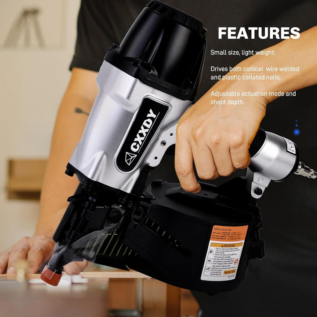 CXXDY Siding Nail gun 15 Degree 1-1/4' to 2-1/2' Coil Siding Nailer – High-Speed Pneumatic Siding Nailer for Siding, Framing, and Fencing – Professional-Grade Performance for Contractors and DIYers