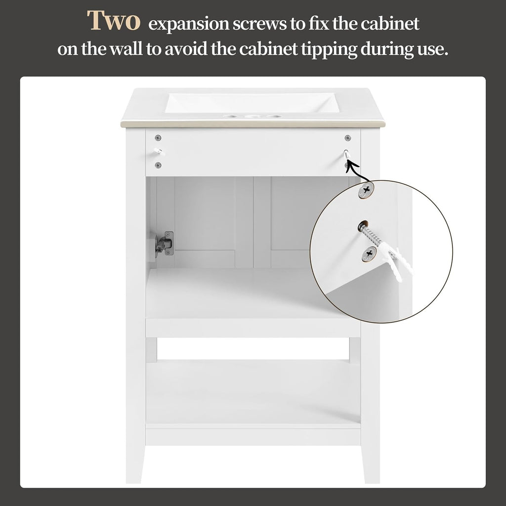 Yaheetech 24' Modern Bathroom Vanity with Sink, Bathroom Sink Cabinet with Rectangular Ceramic Basin, Bathroom Vanities Cabinet with 2 Doors and 1 Open Shelf, White
