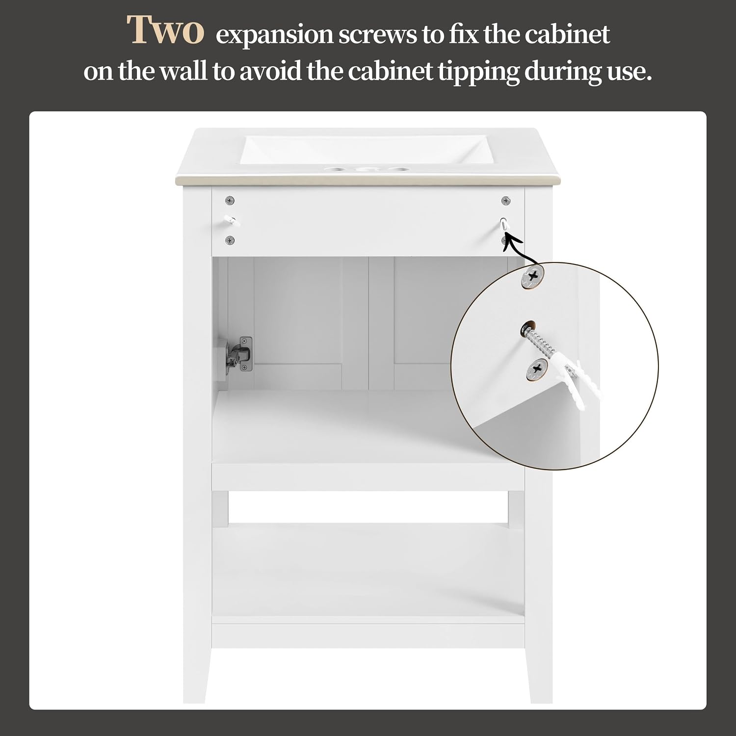 Yaheetech 24' Modern Bathroom Vanity with Sink, Bathroom Sink Cabinet with Rectangular Ceramic Basin, Bathroom Vanities Cabinet with 2 Doors and 1 Open Shelf, White