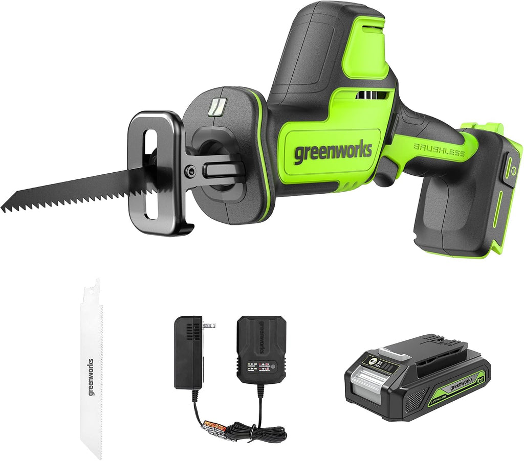 Greenworks 24V Brushless 1' Compact One-Handed Reciprocating Saw (3,000 SPM), Cordless Powered Variable Speed Recip Saw, 2.0Ah Battery and Compact Charger Included,‎ RSG404