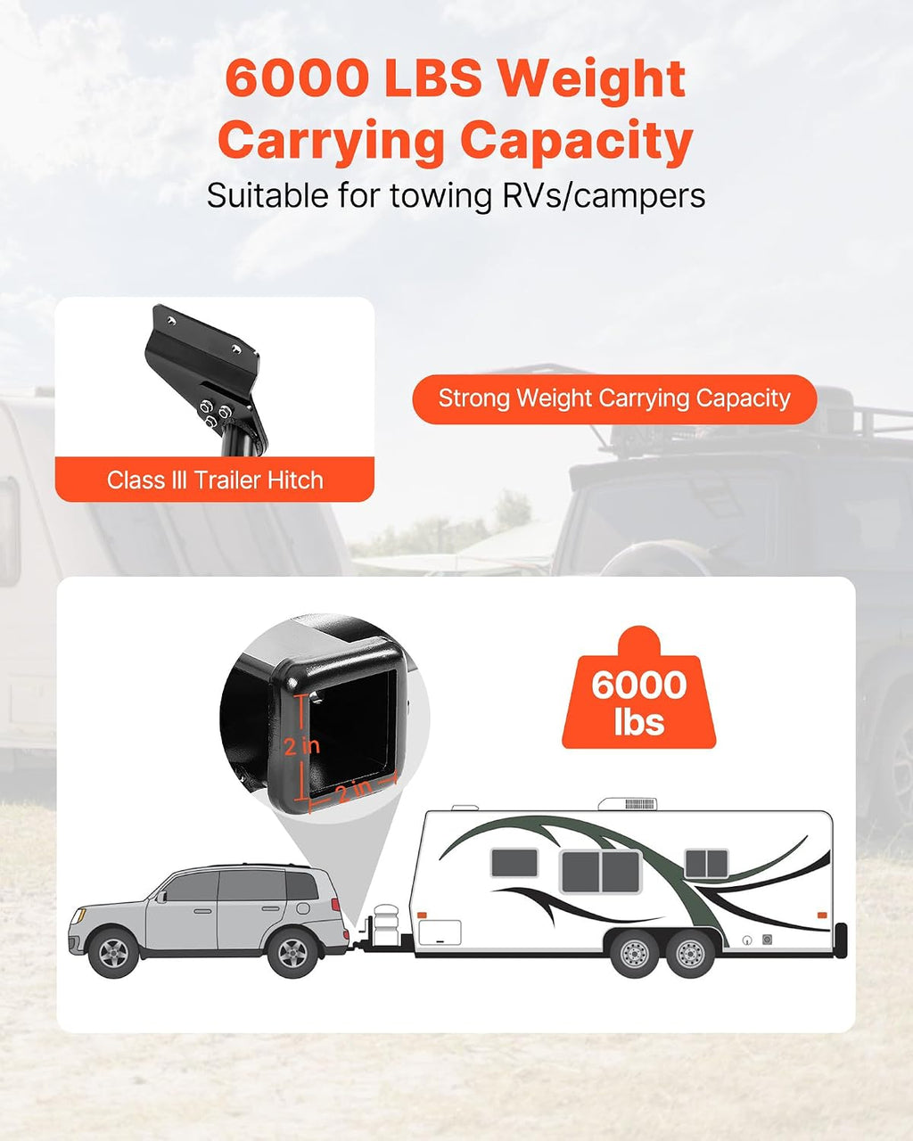 VEVOR Class 3 Trailer Hitch, 2-Inch Receiver, Compatible with 2011-2021 Jeep Grand Cherokee, Q345B Steel Tube Frame, Multi-Fit Hitch to Receive Ball Mount, Cargo Carrier, Bike Rack, Tow Hook, Black