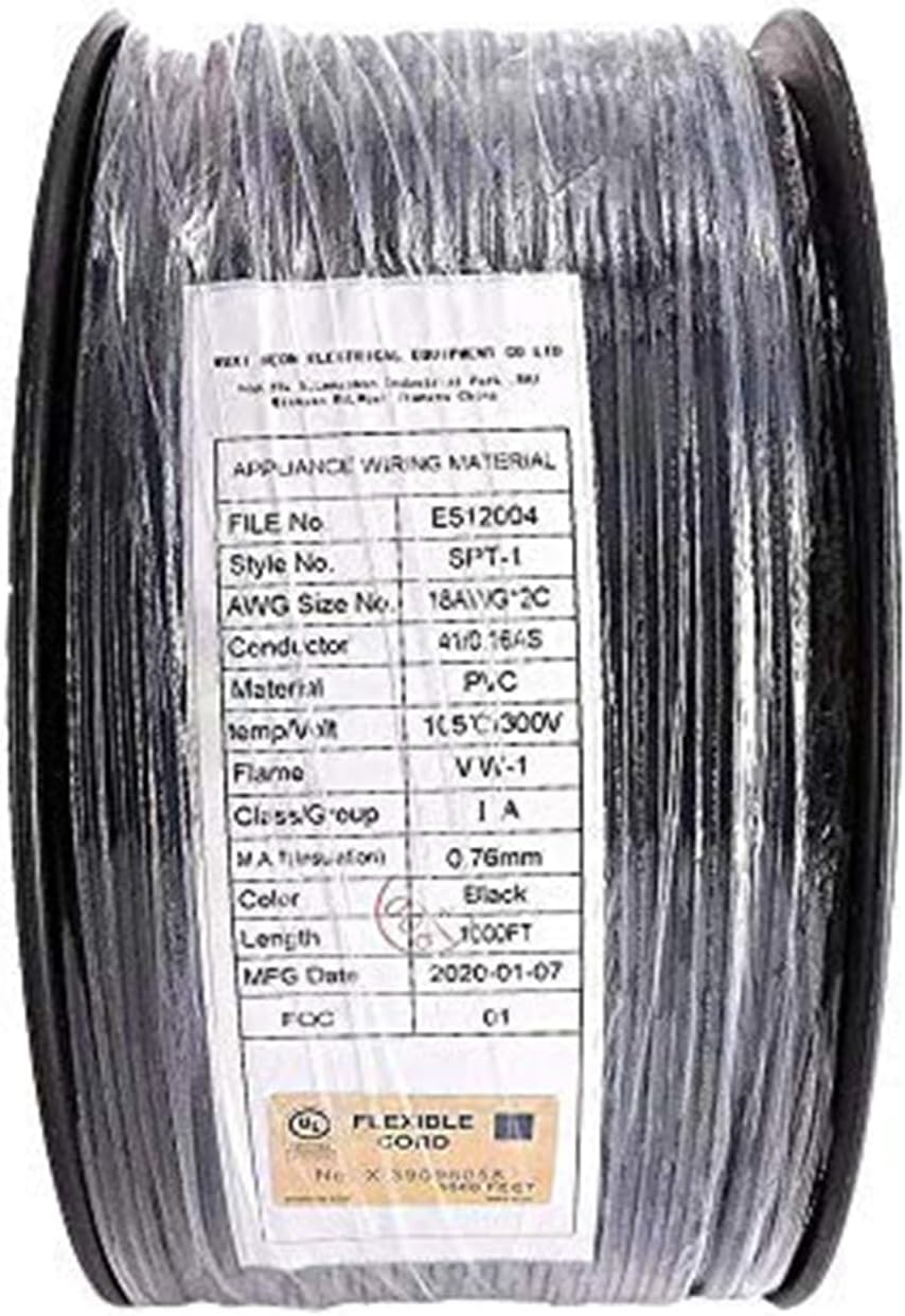 SPT-1 18/2 Low Voltage Landscape Lighting Copper Wire - 1000 Feet Black 18 Gauge 2 Conductor - Outdoor Direct Burial