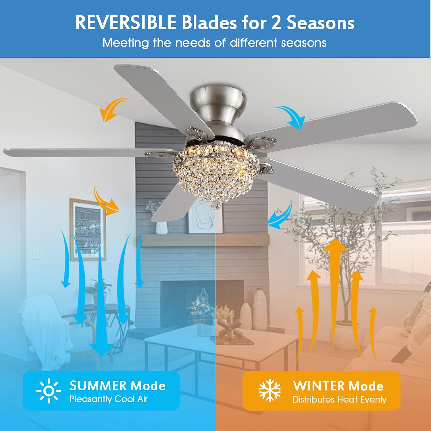GJeg Crystal Ceiling Fan Fandelier with Lights-Ceiling Fans with Remote Control,Modern Ceiling Fan with Noiseless DC Reversible Motor,Dining Room,Living Room(52' Nickel)