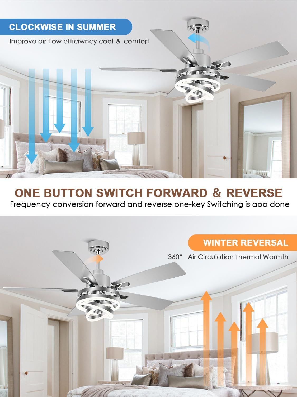 52' Ceiling Fan with Lights and Remote Contro Modern Chandelier Ceiling Fan with Lights 6 Speed 3 Timing for Bedroom Living Room Kitchen（Chrome）