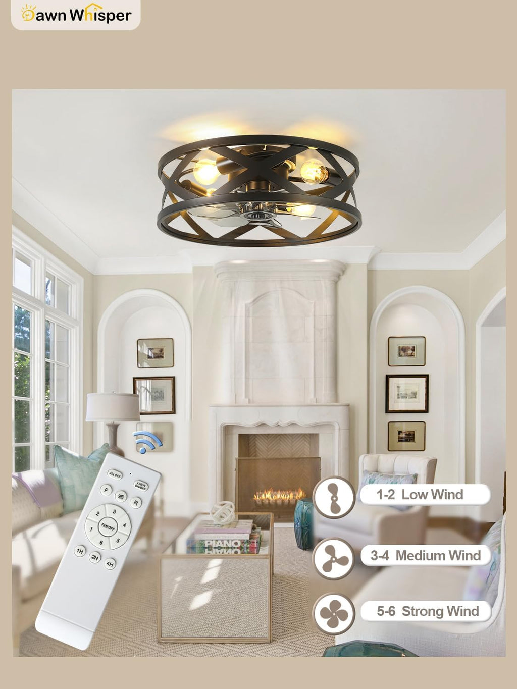 Dawn Whisper 20'' Farmhouse Ceiling Fans with Lights Flush Mount Ceiling Fans with Lights Industrial Black Caged Ceiling Fan with Light for Bedroom Living Room