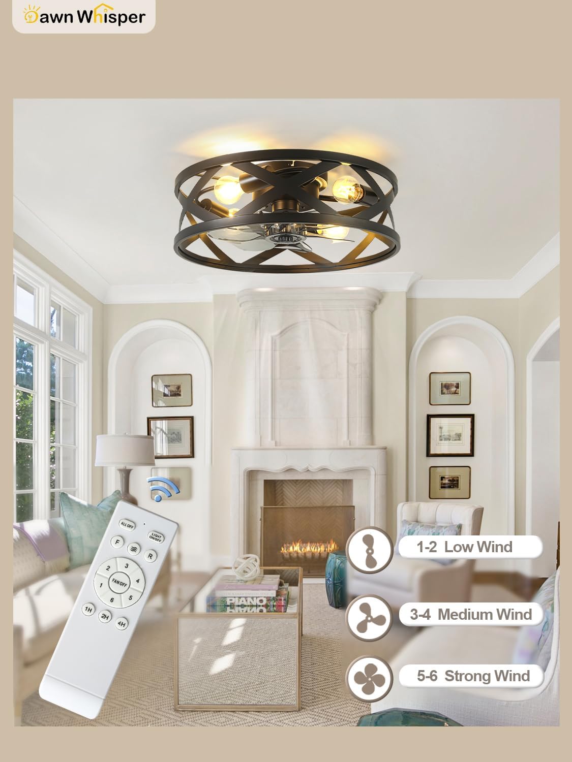 Dawn Whisper 20'' Farmhouse Ceiling Fans with Lights Flush Mount Ceiling Fans with Lights Industrial Black Caged Ceiling Fan with Light for Bedroom Living Room