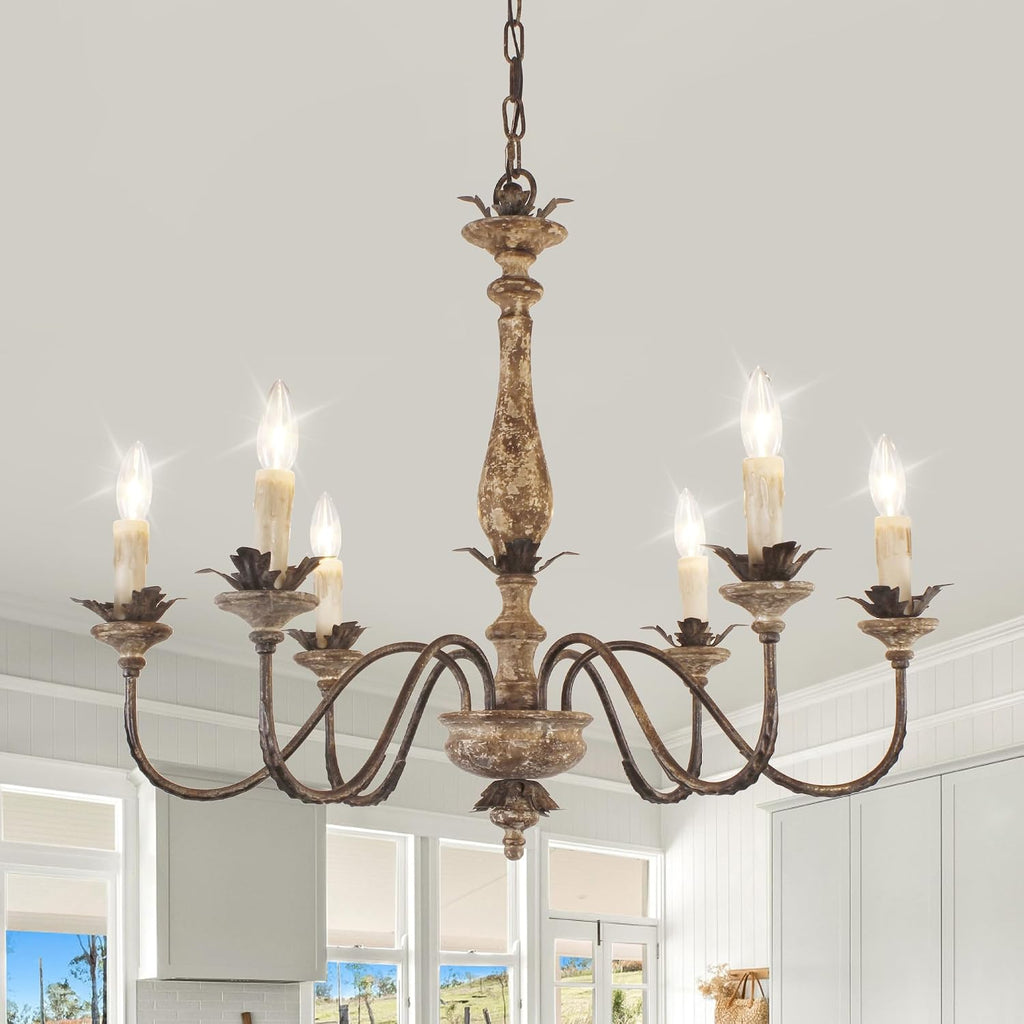 French Country Chandelier with Light, 6-Light Farmhouse Chandeliers Rustic Candle Chandelier Light Fixture Over Table for Dining Room Bedroom Kitchen