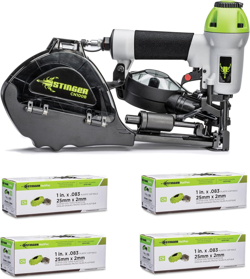 STINGER CN100B Pneumatic Cap Nailer Kit, Tool & 8000 Caps/Nails, Collated Cap Nails for Roofing Underlayment & House Wrap (0136252)