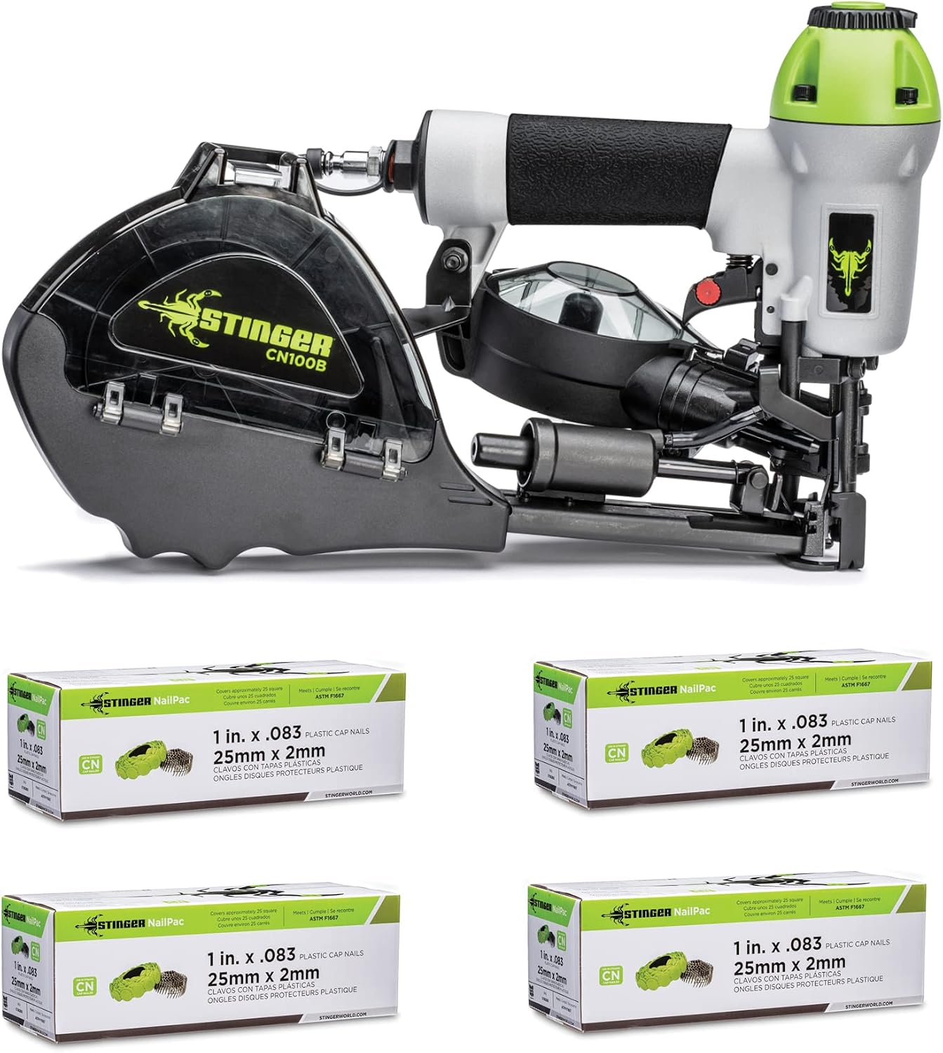 STINGER CN100B Pneumatic Cap Nailer Kit, Tool & 8000 Caps/Nails, Collated Cap Nails for Roofing Underlayment & House Wrap (0136252)