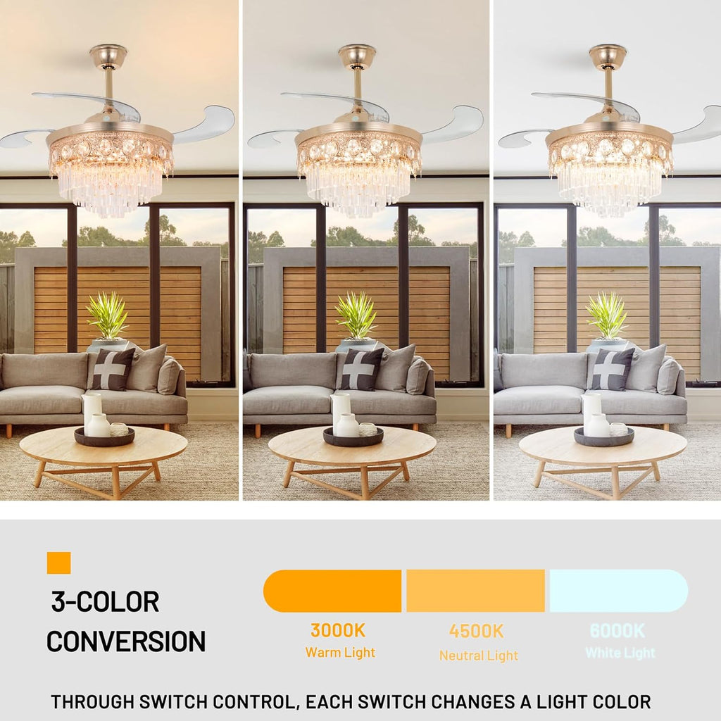 42' Gold Retractable Ceiling Fan with Lights, Luxury Gold Crystal Chandelier Fan 6 Speeds 3 Colors Modern Ceiling Fan for Living Room