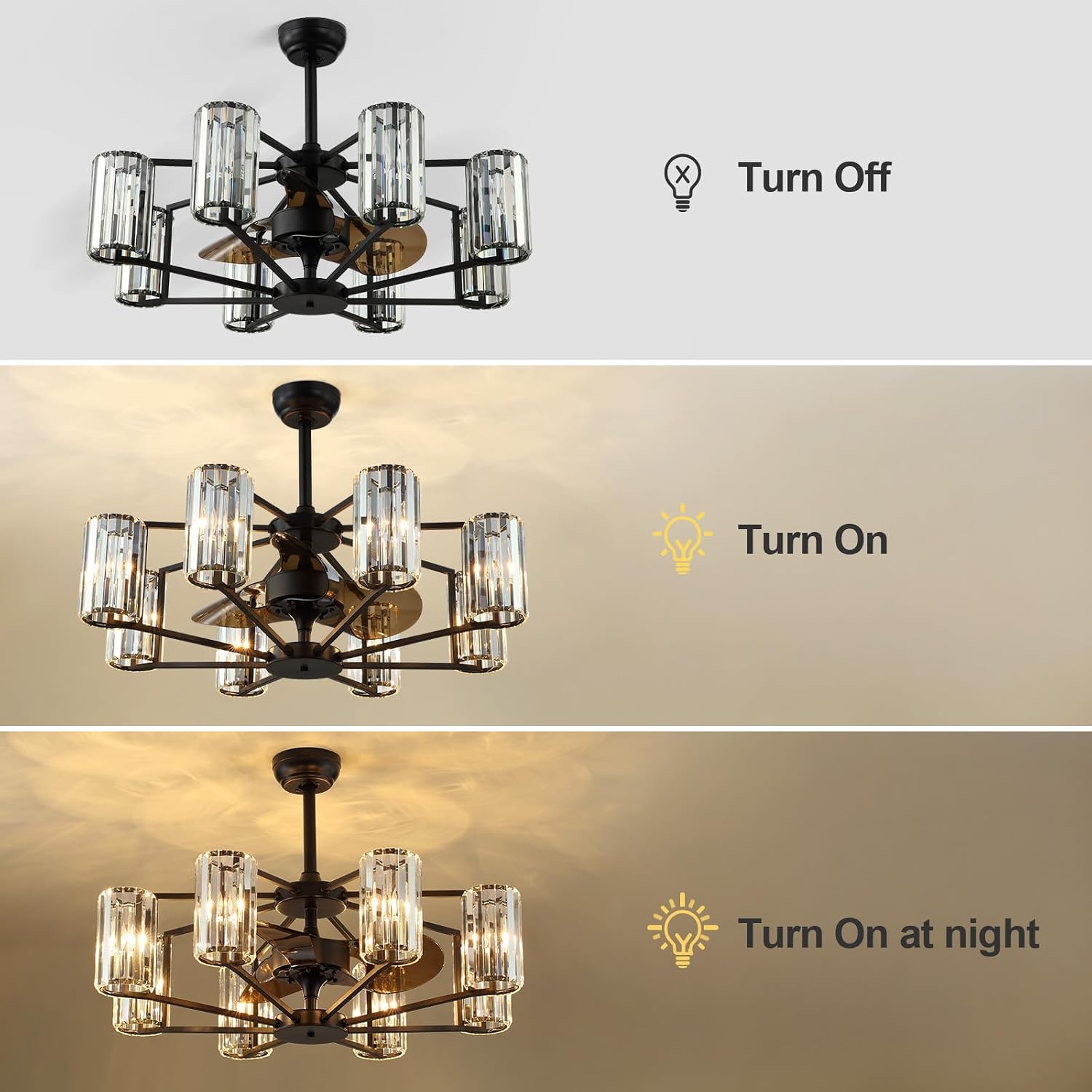 Crystal Chandelier Ceiling Fan Vintage Fandelier Luxury Caged Ceiling Fan with Light and Remote for Dining Room Living Room Bedroom Kitchen Farmhouse Entry, Black, Dia 34 inch, 8 Lights
