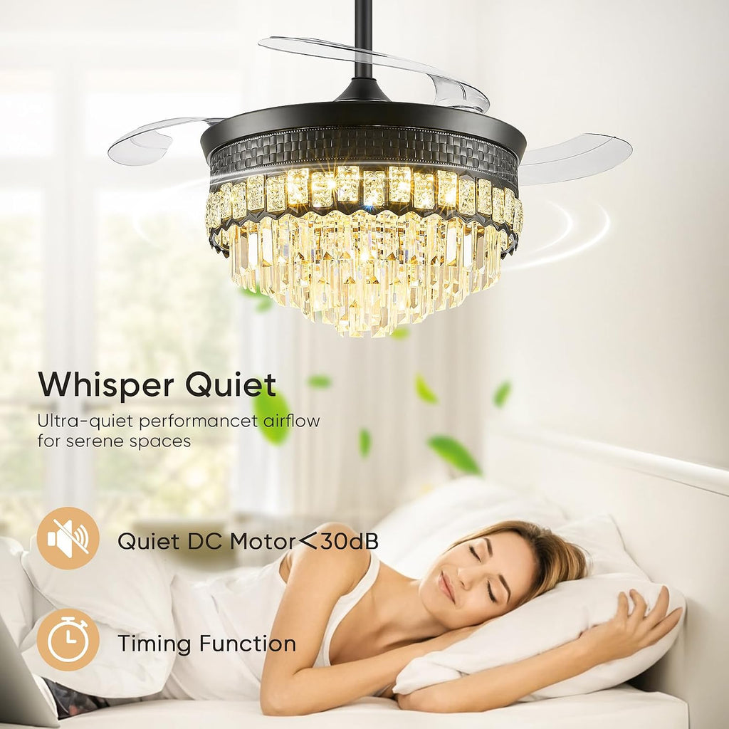 42' Fandelier Ceiling Fan with Lights,Crystal Retractable Ceiling Fan with Light,Chandelier Fans for Bedroom,Living Room,Reverse Motor,6 Speeds,3 Color Temperatures,Remote & APP Control-Black