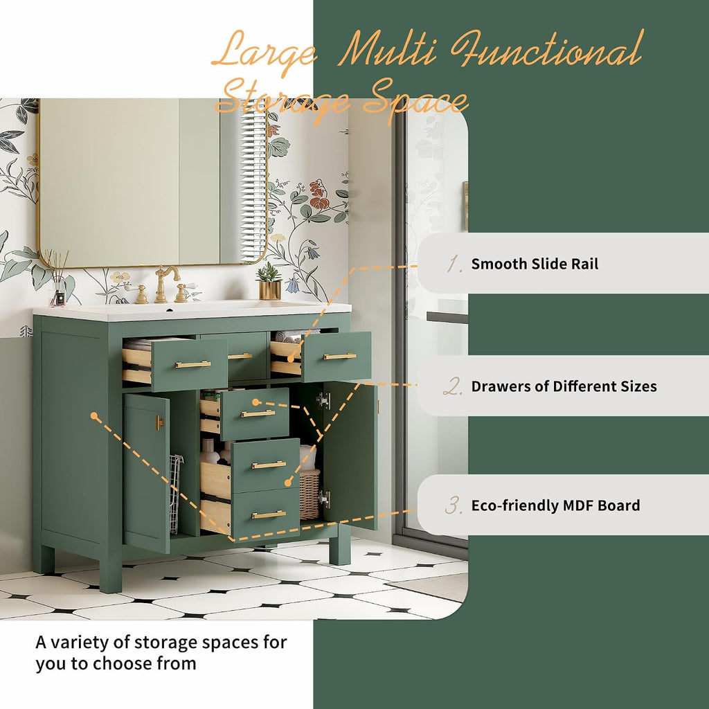 Merax 36' Bathroom Vanity with Sink, Freestanding Modern Bathroom Vanity Cabinet with Sink Top, 4 Drawers and 2 Storage Cabinets, Solid Wood Frame, Painted Finish