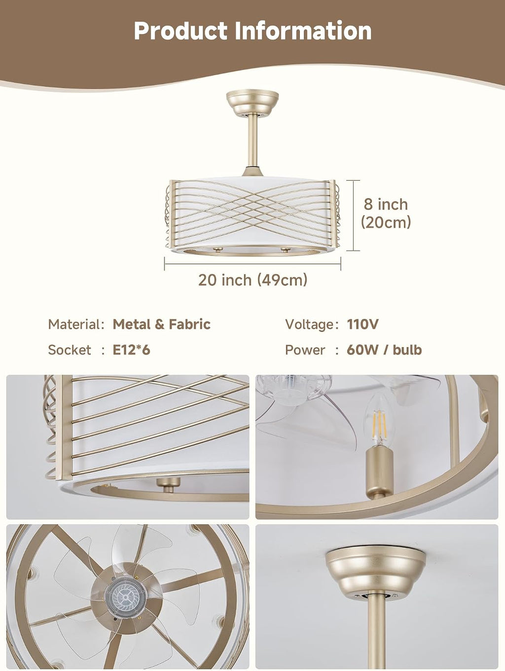 20' Gold Fandelier Ceiling Fan with Light, Caged Ceiling Fan with Light Remote Control, Mid Century Modern with 6 Speeds for Bedroom, Nursery, Living Room