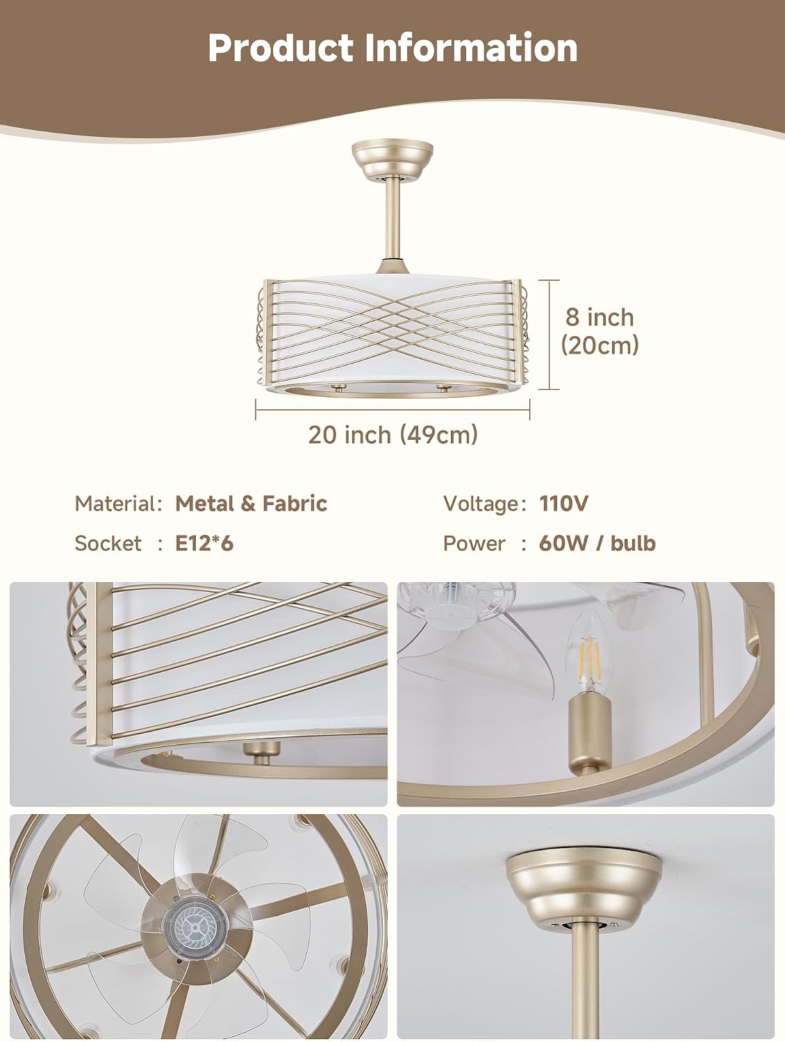 20' Gold Fandelier Ceiling Fan with Light, Caged Ceiling Fan with Light Remote Control, Mid Century Modern with 6 Speeds for Bedroom, Nursery, Living Room