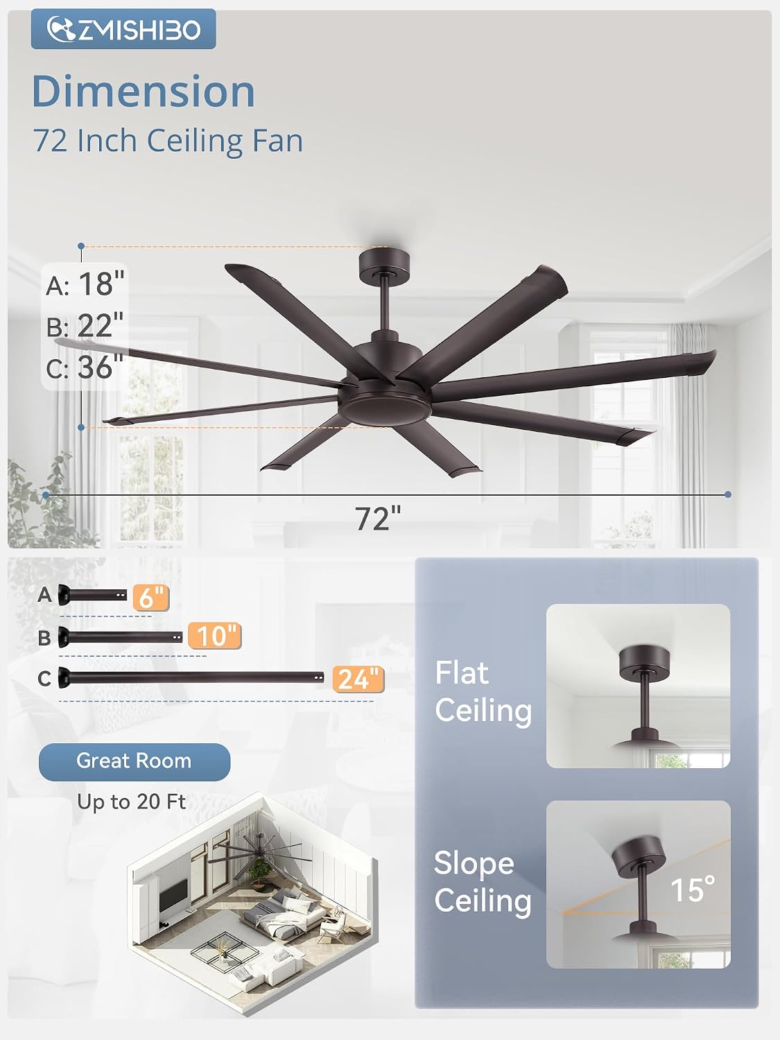 ZMISHIBO 72 Inch Large Ceiling Fan No Light, 8 Aluminum Blades, 6-Speed Remote Control, Industrial Ceiling Fan without Light, Quiet DC Motor, Indoor/Outdoor Ceiling Fans for Patio, Garage, Shop