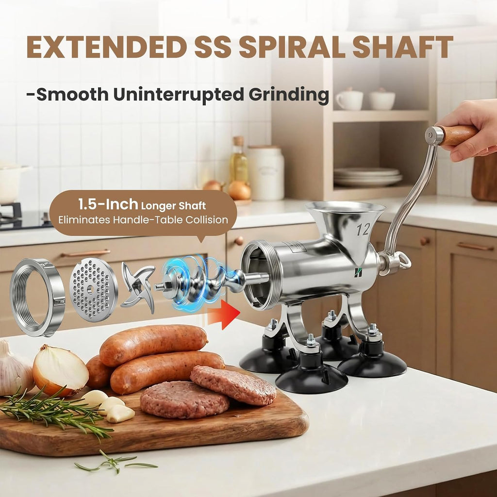 Huanyu Upgraded Manual Meat Grinder - Effortless Home Homemade Meals, Stainless Steel, For Sausage/Chili/Baby Food, Heavy Duty with Table Clamp HZ-12