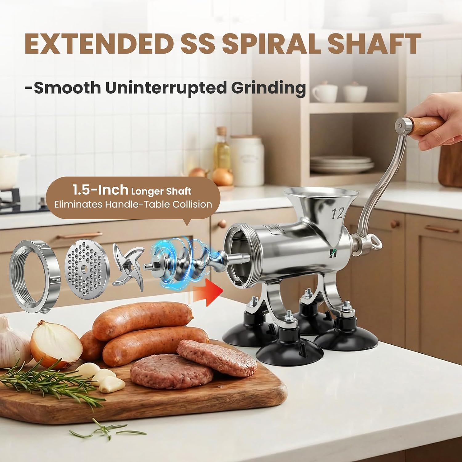 Huanyu Upgraded Manual Meat Grinder - Effortless Home Homemade Meals, Stainless Steel, For Sausage/Chili/Baby Food, Heavy Duty with Table Clamp HZ-12