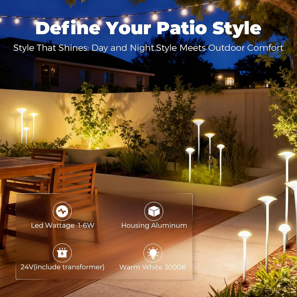 Gardencoin LED Low Voltage Outdoor Lighting Kit, 24V Outdoor Landscape Decorative Lights, Unique Aluminum Mushroom Light Wired with Transformer for Garden, Patio, Lawn, Backyard, Pathway, Set of 8