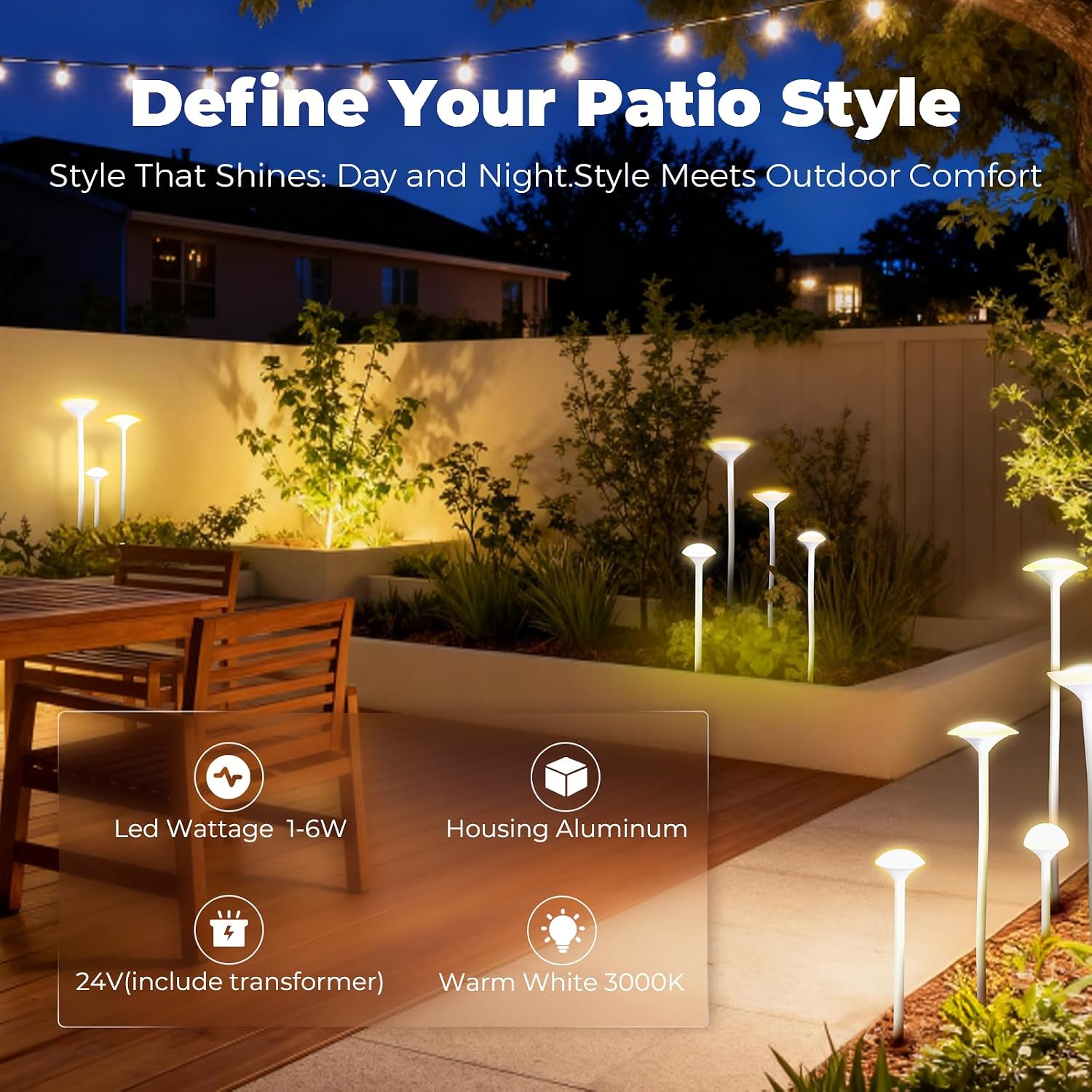 Gardencoin LED Low Voltage Outdoor Lighting Kit, 24V Outdoor Landscape Decorative Lights, Unique Aluminum Mushroom Light Wired with Transformer for Garden, Patio, Lawn, Backyard, Pathway, Set of 8