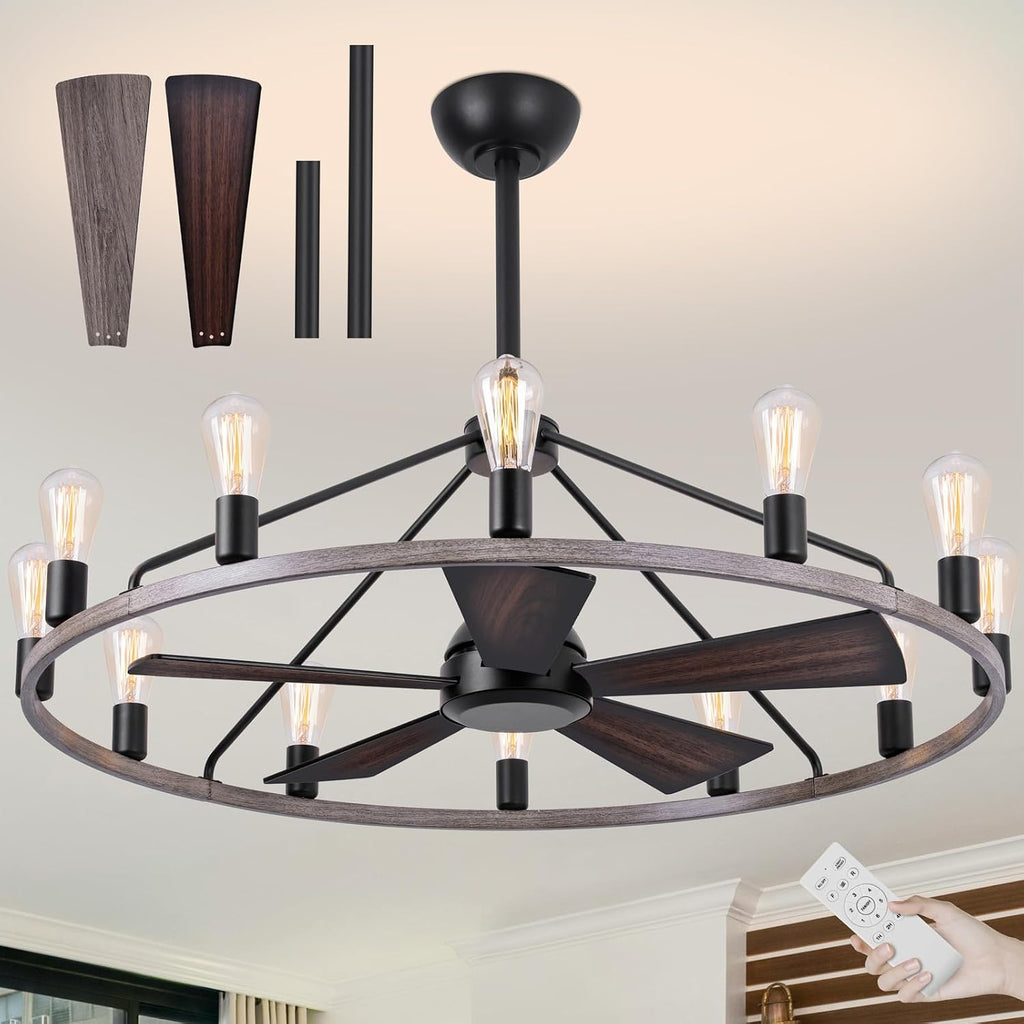 44'' Ceiling Fan with Light, Wood Wagon Wheel Chandelier, Large Farmhouse Fandelier Light Fixture, Chandelier for Living Room, Dining Room, Adjustable High Ceilings