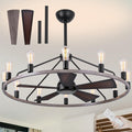 44'' Ceiling Fan with Light, Wood Wagon Wheel Chandelier, Large Farmhouse Fandelier Light Fixture, Chandelier for Living Room, Dining Room, Adjustable High Ceilings