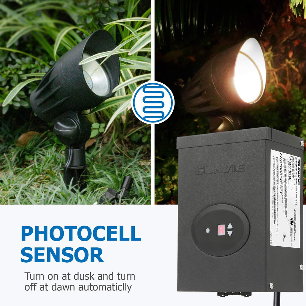 SUNVIE 300W Landscape Lighting Transformer with Timer and Photocell Sensor, 100FT 14/2 Low Voltage Landscape Wire, 120V to 12V/14V AC Outdoor Low Voltage Transformers for Garden Lights