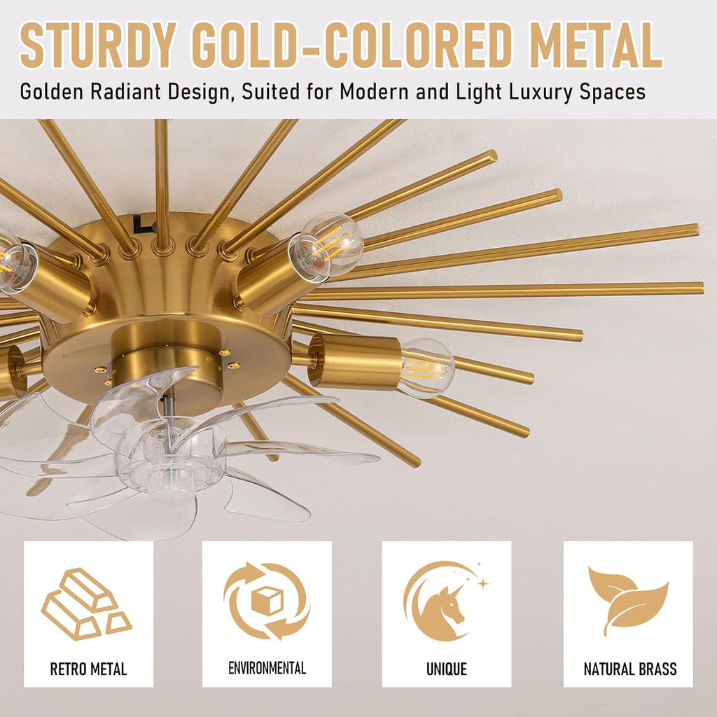 30' Low Profile Flush Mount 5 Light Ceiling Fans with Lights and Remote, Modern Metal Fandelier Ceiling Fan with Light, Farmhouse Gold Ceiling Fan for Bedroom,Living Room,Foyer (6 Speeds,Timing)
